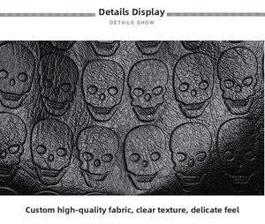Close-up of black lychee leather texture with embossed skull pattern and detailed finish