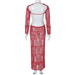 Detail of red hollow knit dress showing backless design and intricate crochet texture