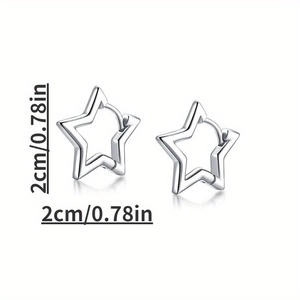Detail view of silver hollow star earrings showing exact size measurement of 2cm 0.78in