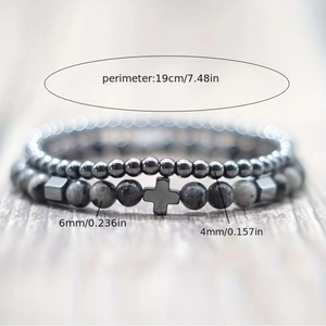 Detail of 4mm and 6mm hematite cross beaded bracelets showing dimensions and textures