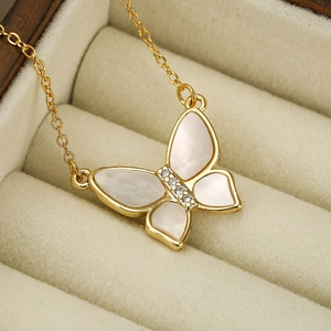 Elegant 18K gold plated butterfly necklace with white mother of pearl in a jewelry box