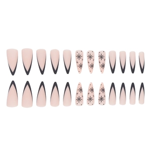 Winter snowflake stiletto nails with black V French tips and matte pink base