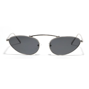 Modern metal cat-eye sunglasses with silver frame and dark grey oval lenses in front view
