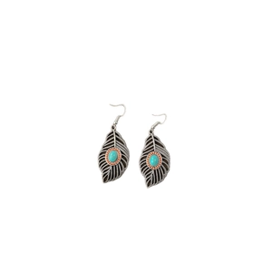 Silver leaf earrings with turquoise center and orange beads in bohemian vintage style
