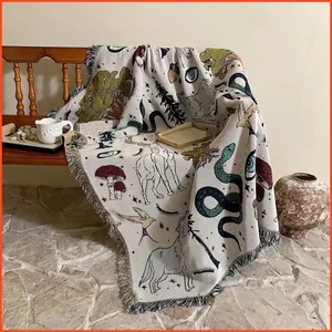 Bohemian Woven Throw Blanket Cotton Polyester Jacquard Forest Illustration Fringe For Couch Sofa Camping Home Decor