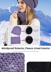 Détail du bonnet et du cache-col violets tricotés avec doublure polaire noire pour l'hiver