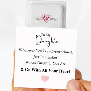 Pink heart crystal ring in velvet box with sentimental gift card for mother and daughter