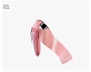 Side view of pink canvas sports waist bag with silver zipper and adjustable buckle strap
