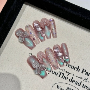 Faux Ongles à Presser Faits à la Main Galaxie Violette Œil de Chat Ballerine Longue Avec Nœud 3D Étoile Rose Strass