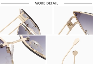 Detail view of gold metal hinges, nose pads, and purple gradient lenses on sunglasses