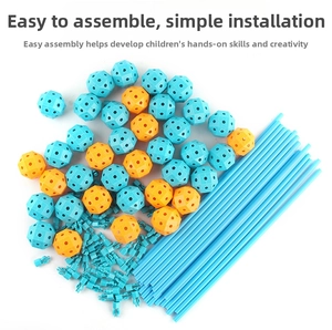 Detail view of colorful DIY castle building kit rods and multi-hole connector balls