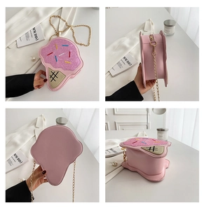 Multi-angle view of pink ice cream cone crossbody bag with gold chain strap