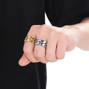 Men's wide hollow Cuban link ring in gold and silver finish stainless steel