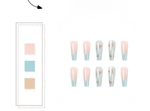 Detail of blue and pink press on nails with elegant gold butterfly pattern design