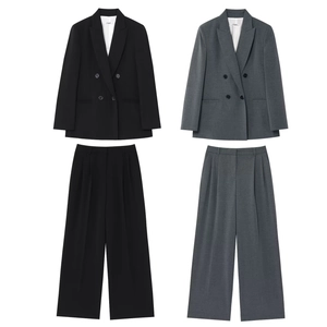 Blazer Femme Croisé Et Pantalon Large Taille Haute Polyester Couleur Unie Épaules Rembourrées Bureau Décontracté