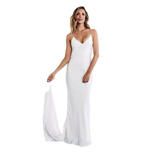 Elegant white satin mermaid wedding dress with spaghetti straps and a long flowing train