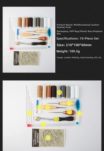 Detailed view of 10-piece leather sewing kit with heavy duty threads and needles