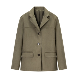 Olive green faux suede single-breasted blazer with classic notched lapels and flap pockets