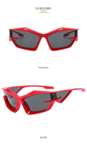 Futuristic polygonal red frame sunglasses with grey lenses shown in front and side views