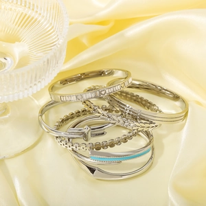 French vintage style silver stainless steel bangles with heart and geometric patterns