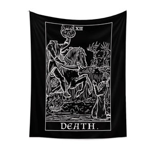 Böhmischer Tarot Tod Wandteppich mit kopflosem Reiter und Kürbis für Halloween Deko