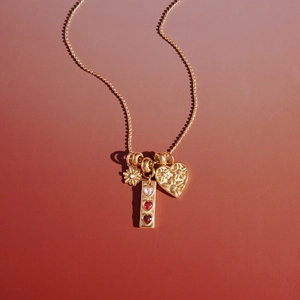 Detailed view of 18K gold stainless steel necklace with daisy and heart charms