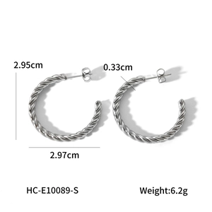 Detailed dimensions of silver twisted hoop earrings showing diameter, thickness and weight