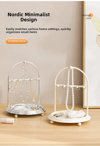 Minimalist double-tier arch jewelry rack with storage tray for necklaces and earrings