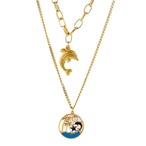 Collier double couche doré océan avec pendentif dauphin et disque émail palmier coco