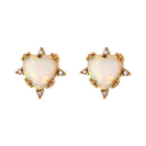 Gold-plated stainless steel stud earrings with heart opal and sparkling accents