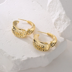 18K gold plated geometric C-shape earrings with hammered texture on white stone