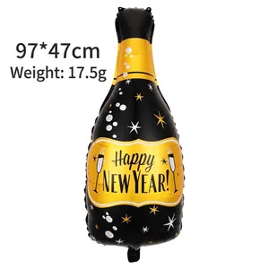 97x47cm black and gold wine bottle foil balloon with Happy New Year star patterns