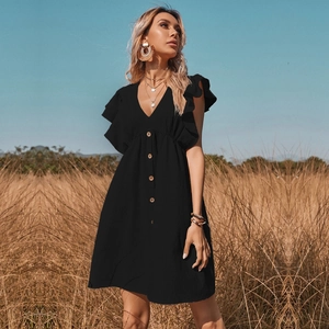 Detail of a black V-neck summer dress with button-down front and ruffle sleeves