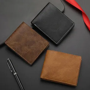 Mens vintage short bifold wallets in black and brown leather with elegant sewing