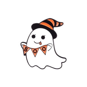 Close-up of a Halloween ghost enamel pin with orange and black BOO flag detail