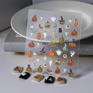 Halloween Nail Stickers Embossed Relief Ghost Pumpkin Bat Mummy Self Adhesive Decals DIY Manicure Decoration For Women