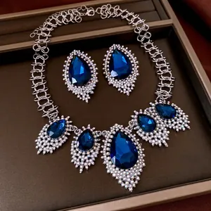 Teardrop Blue Crystal Alloy Rhinestone Necklace Earrings With Silver Earring Post Luxury Palace Style Women