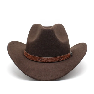 Classic dark brown western cowboy hat with wide brim and engraved leather band decoration
