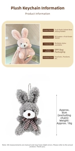 Detailed specs of 8cm plush bunny pendant with bow tie and metal chain dimensions