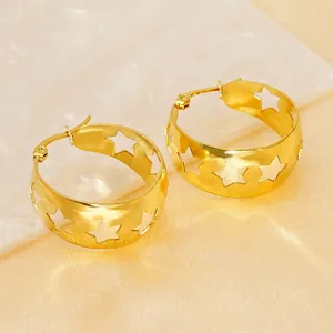 Polished 18K gold plated stainless steel wide hoop earrings with hollow star patterns