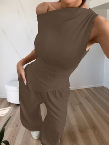 Women's summer brown one-shoulder sleeveless top and long pants two-piece set