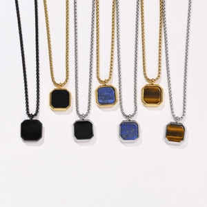 Men's stainless steel square pendant necklaces with natural tiger eye and lapis lazuli