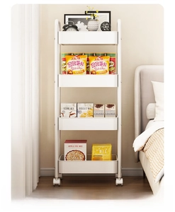 Detail of a 4-tier white rolling cart with mesh baskets for bedroom snack storage