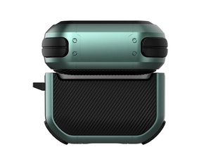 Détail de la coque blindée vert foncé pour Airpods avec finition métallique et panneau