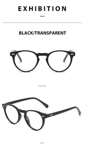 Close-up of retro round black sunglasses featuring silver metal bone rivets and side view