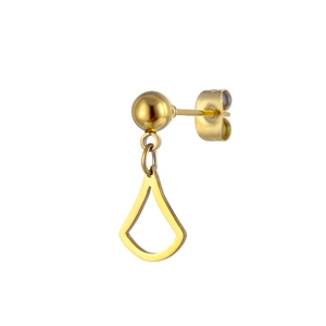 Detailed view of a gold geometric fan pendant earring with a polished metal sphere stud