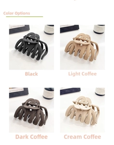 Detailed grid view of large matte hair claws in black, deep brown, and coffee shades