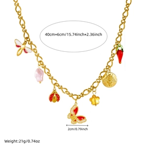 Gold stainless steel necklace with colorful enamel butterfly, ladybug and bee pendants