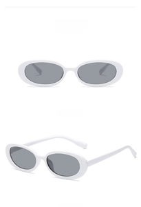 Front and side views of vintage oval sunglasses with white frames and grey lenses