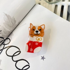 Cute Corgi dog acrylic hair claw clip in Christmas stocking design with snowflake patterns